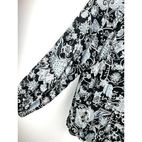 C&C California Women's Top 1X Black Blue White Floral Blouse Shirt Mock Neck L/S - Picture 4 of 8